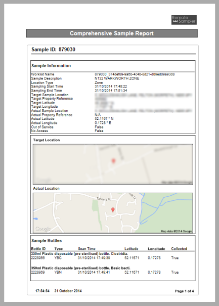 An example of a sample report, showing pins in maps and other data about a sample